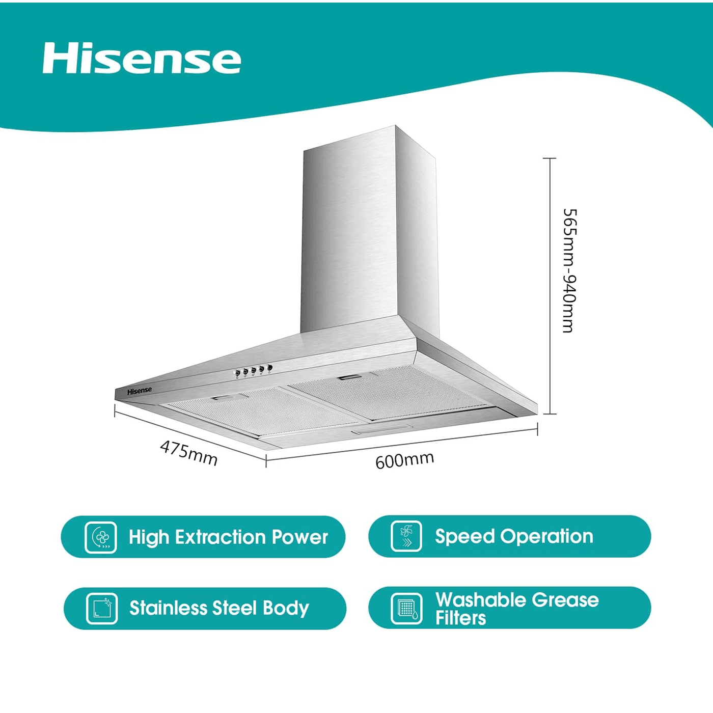 Hisense 60cm Stainless Steel Chimney Cooker Hood (Model HHO60TASS) / kitchen extractor fan