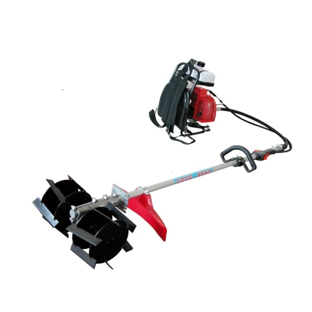 Backpack-mounted motorized weeding machine and mini-tiller.