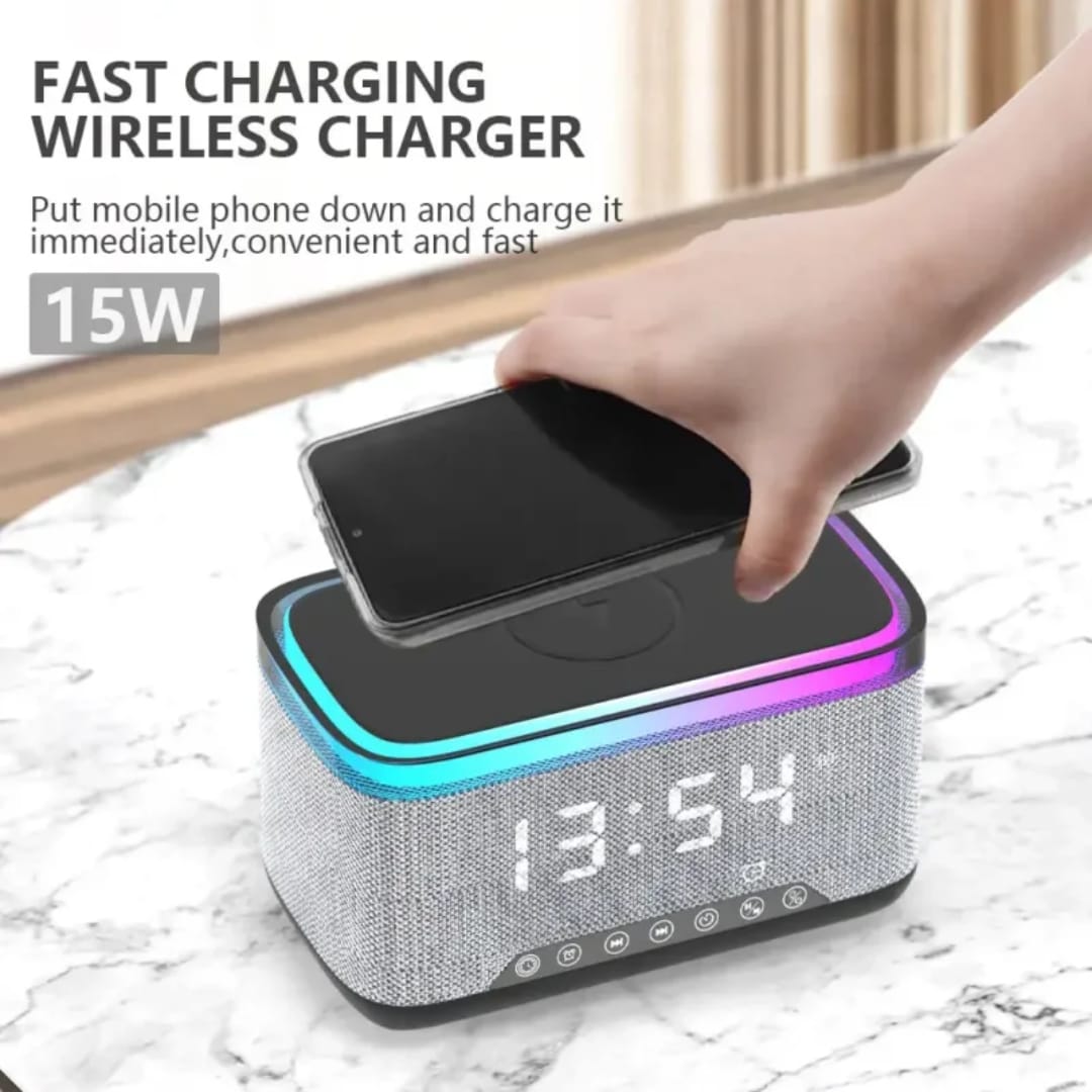 multifunctional 3-in-1 Bluetooth speaker, digital alarm clock, and wireless fast charging station