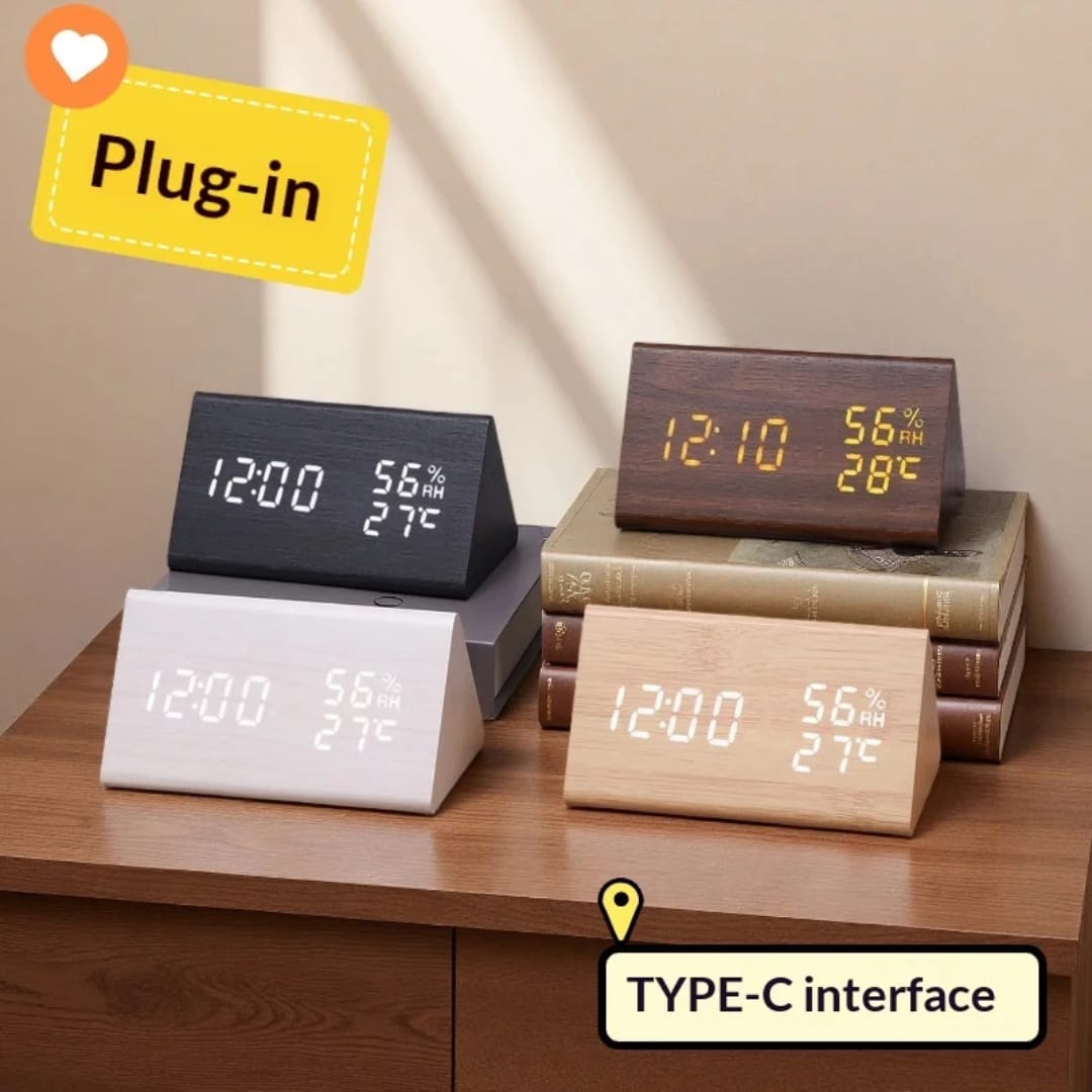 Triangular wooden digital alarm clock