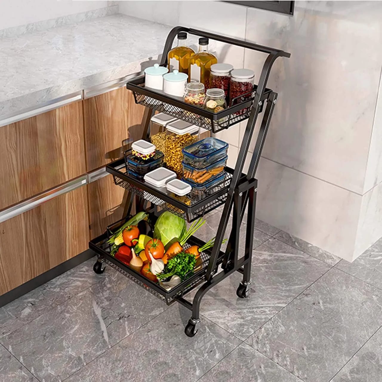 3-tier folding mobile multi storage trolley cart