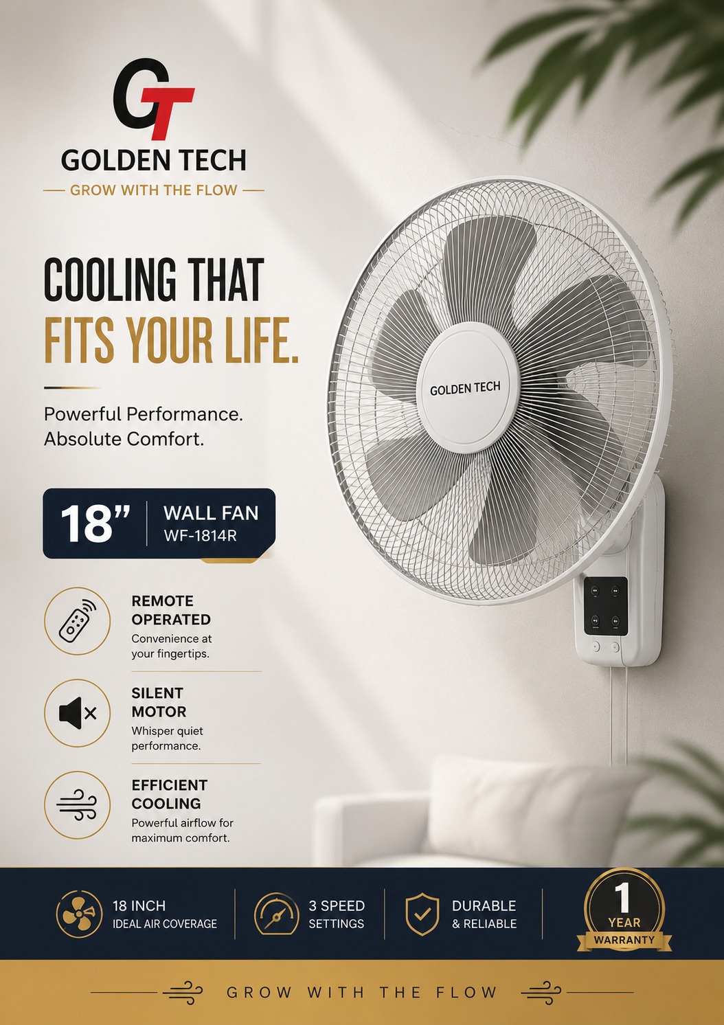 18-inch Golden Tech  wall-mounted fan with remote control