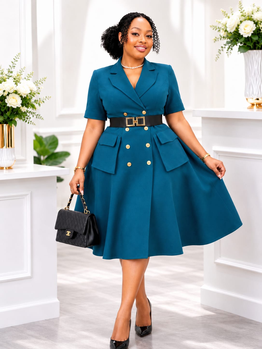 Elegant rust-colored double-breast blazer dress