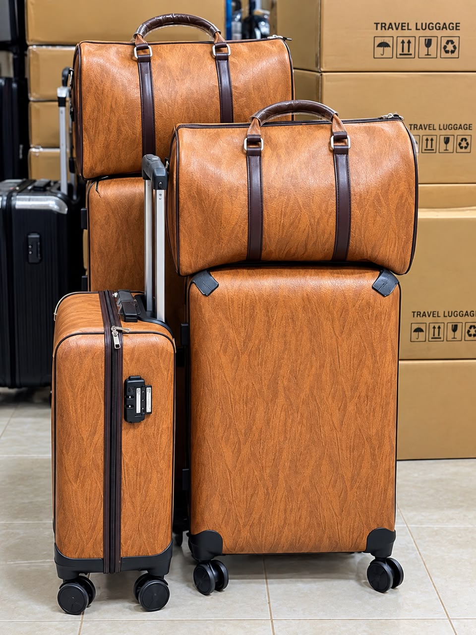 5 piece leather multi- luggage and travel bag set