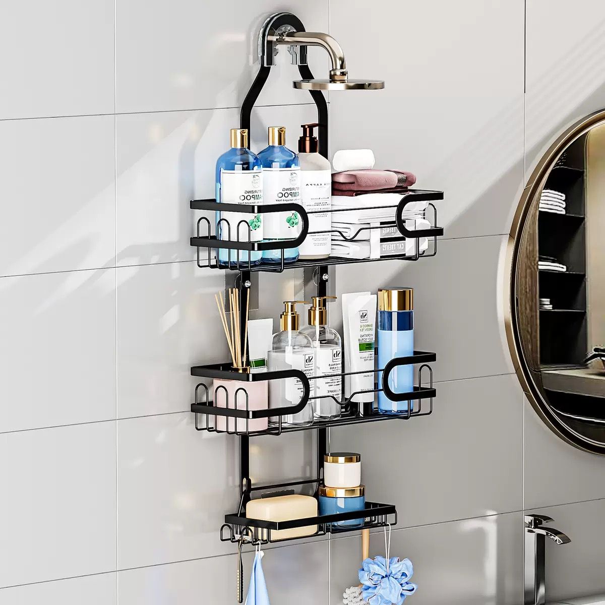 3-tier black hanging shower caddy