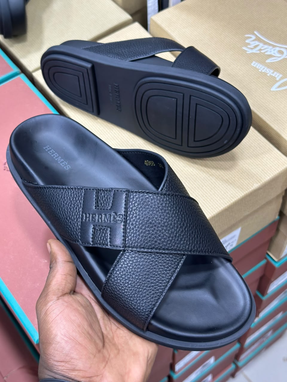 Black grained leather crossover men's sandals