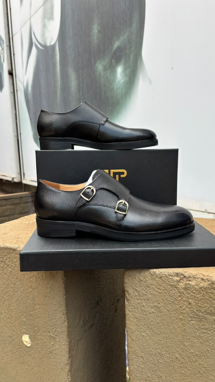 Pebbled-leather double monk strap shoes