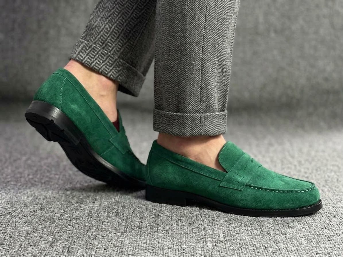 Forest green suede penny loafers