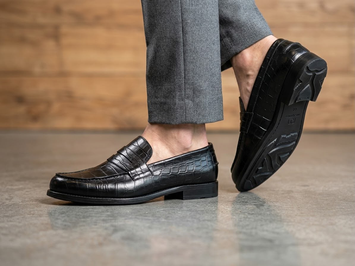 crocodile-skin leather penny loafers.