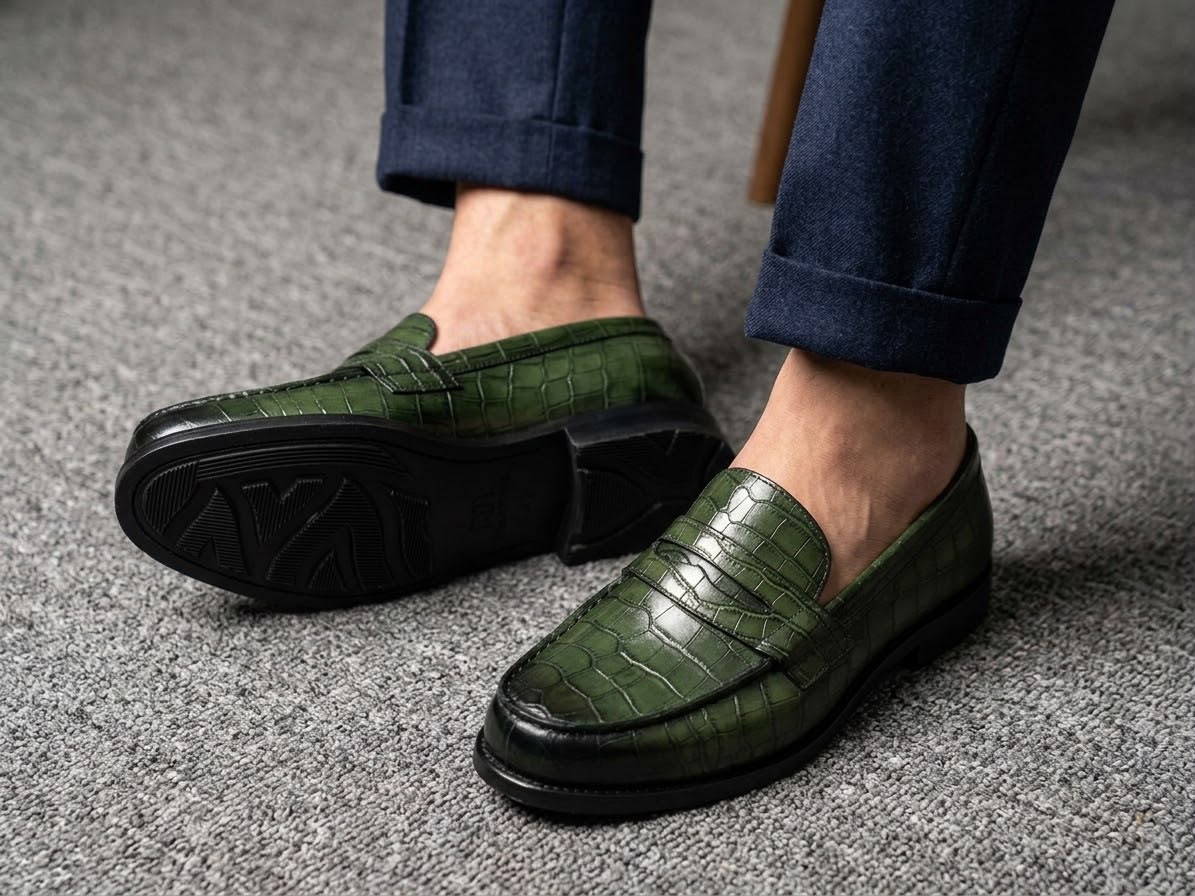 Green crocodile-embossed leather penny loafers.