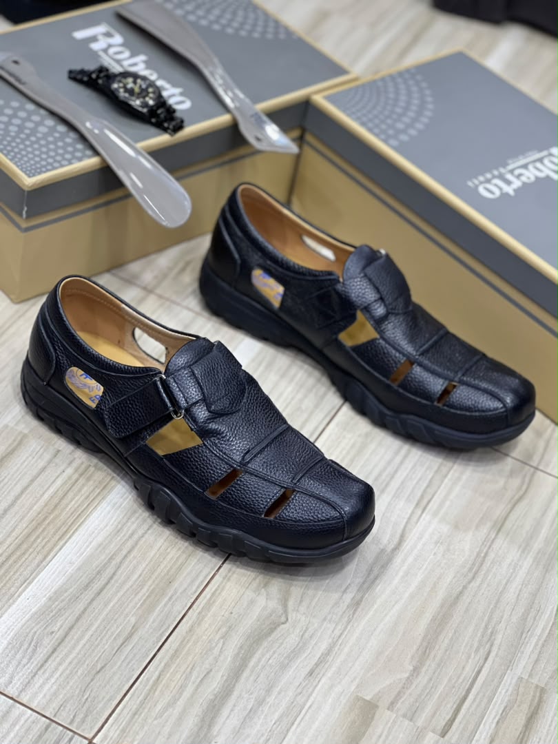 Black closed-toe leather fisherman-style walking sandals